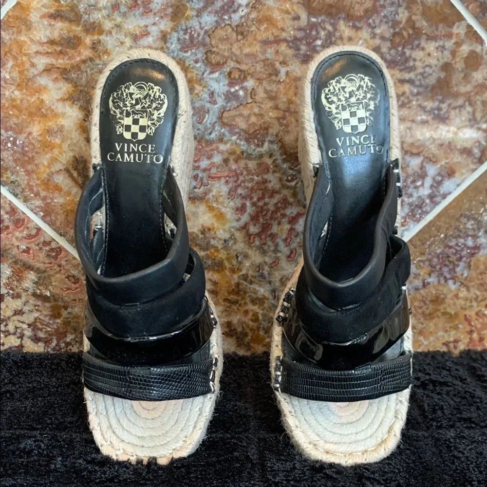 Vince Camuto Molisana Black Leather Espadrille Wedge Puffed Strap Slide 8